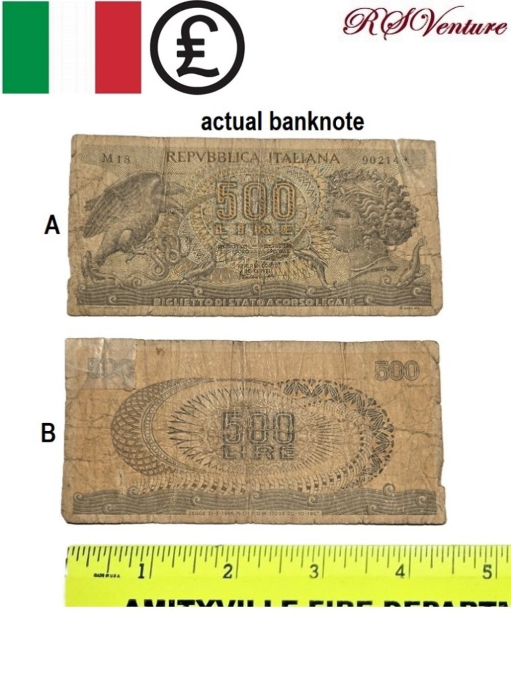 Vintage 1967 Italian 500 Lire Banknote